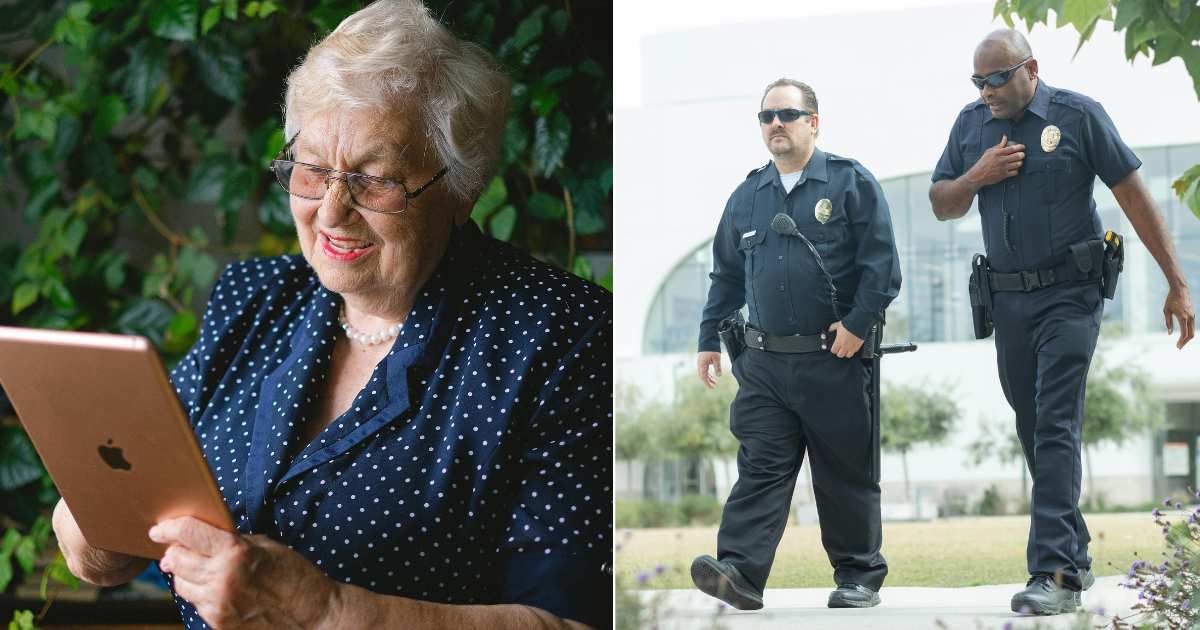 (L) An old woman on her iPad. (R) Police officers are hurrying in response to a call. (Representative Cover Source: Pexels | L - Anna Shvets, R - Kindel Media)