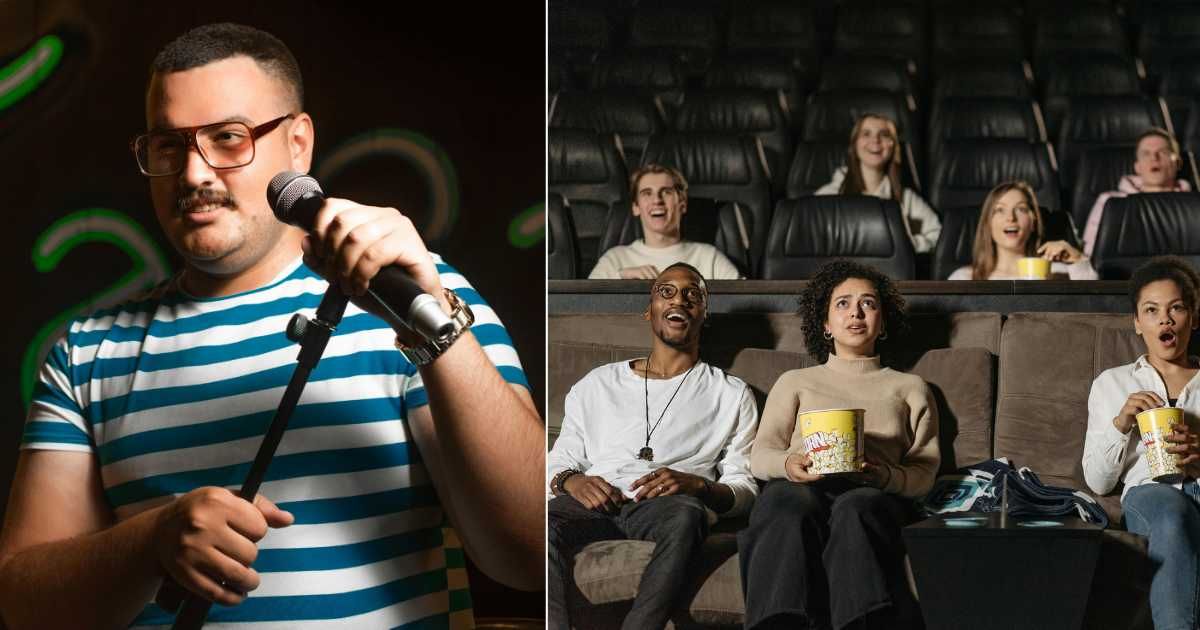 (L) Comedian performing on stage; (R) Audience heartily reacting to the performer. (Representative Cover Image source: Pexels | L - zaid mohammed; R - Pavel Danilyuk)