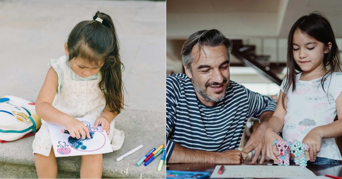 (L) Little girl engrossed in drawing. (R) Dad gets emotional as he looks at daughter's artwork. (Representative Cover Image Source: Pexels| L - Leloo The First, R - Pexels| Ketut Subiyanto)