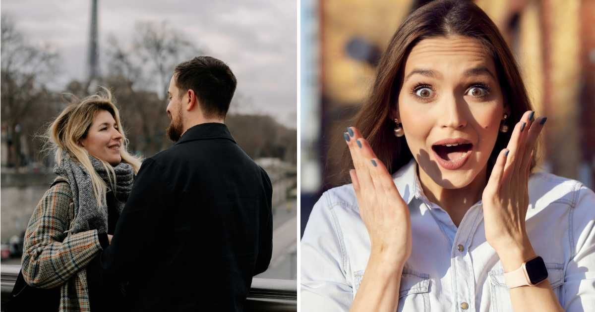 (L) Couple together in Paris. (R) Woman happy shocked. (Representative Image Source: Pexels, Getty Images | (L) Patricia Luquet, (R) Westend61)