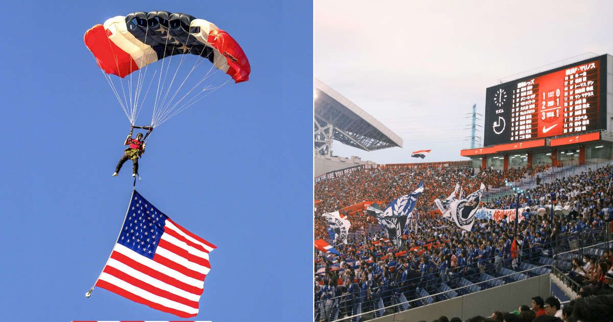 (L) A sky diver with USA National flag (R) Fan looks on in stadium during game.  (Representative Cover Source: Pexels | (L) Phyllis Lilienthal; (R) Maulana Dicki)