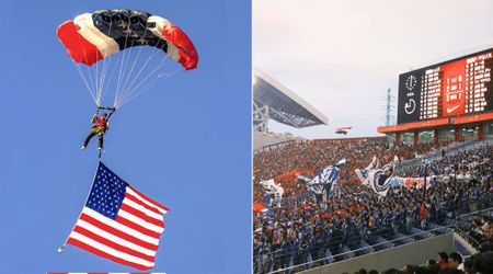 Strong winds blew a skydiver into a packed stadium with a 26-lb American flag attached — what stopped his deadly fall left the crowd stunned