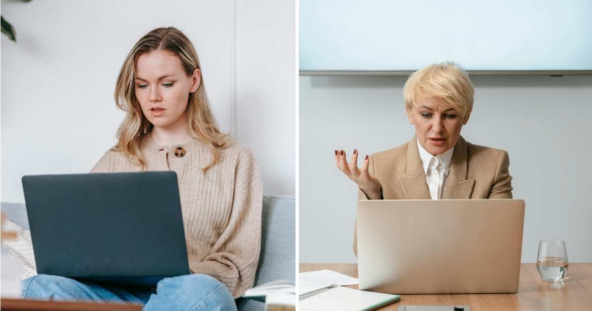 (L) Woman on laptop working. (R) Stunned woman during online meeting. (Representative Cover Image Source: Pexels | (L) George Milton, (R) Mart Production)