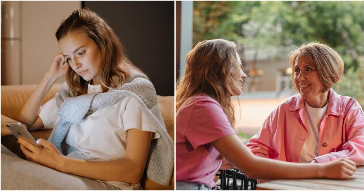 (L ) A young woman looks upset while checking her phone ; (R) A mother smiles proudly while speaking with her daughter. (Representative Cover Image Source: Pexels| L - Cottonbro Studio, R - Anna Shvets)