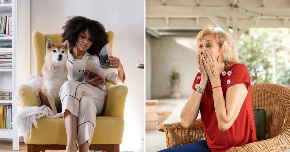 (L) A woman sitting with a dog on a high-backed chair. (R) An old woman, visibly surprised. (Representative Cover Image Source: Pexels| L-  cottonbro studio, R - RDNE Stock project)