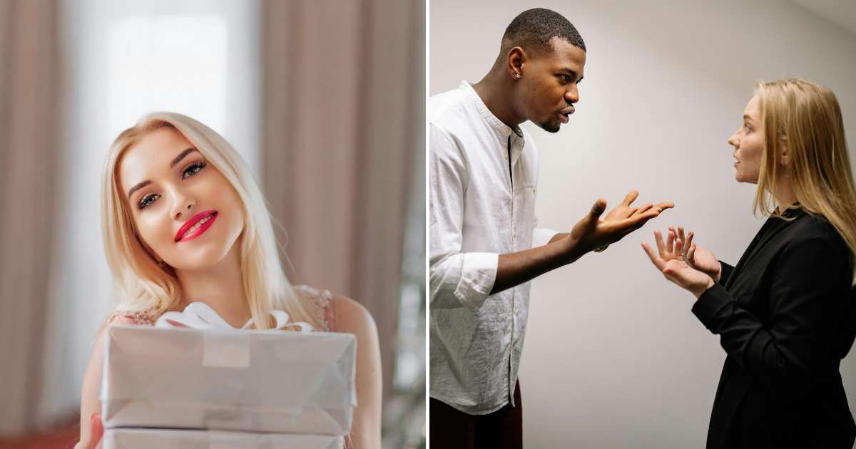 A woman with gift box (L). A couple arguing (R) (Representative Cover Image Source: Pexels | Photo by Karina Rymarchuk and Yan Krukau)