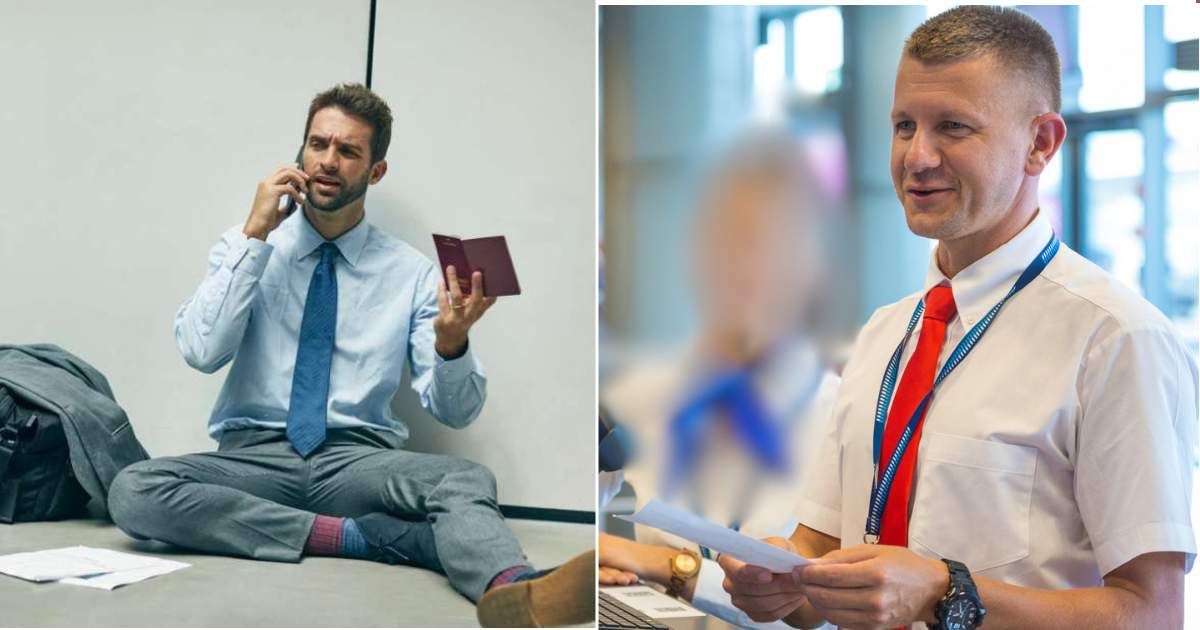 (L) A man looking distressed with a passport and luggage. (R)  An airport staff member hands a ticket to a customer. (Representative Cover Image Source: Getty Images | L - laflor, R - izusek)