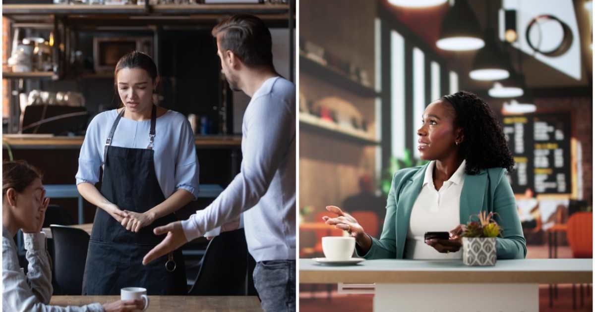 (L) A man yelling at a waitress; (R) A woman talking to someone at a restaurant (Representative Cover Image Source: Getty Images | (L) fizkes; (R) AndreyPopov)