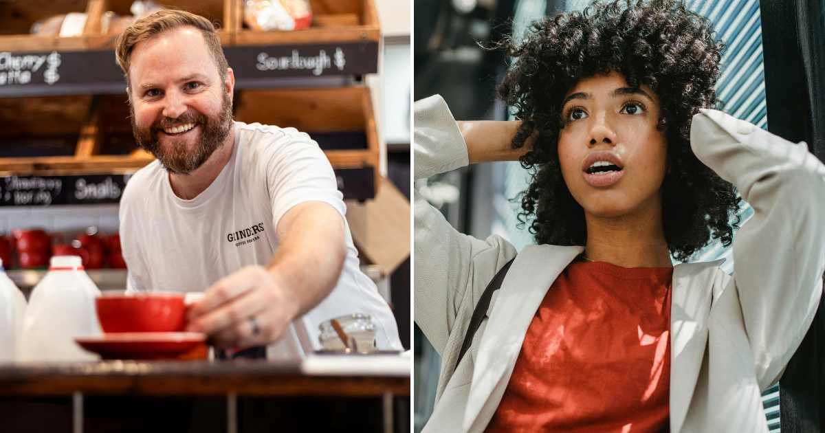 A barista looking happy. (R) A man looking shocked. (Representative Cover Image Source: Pexels| L - Snapprand, R - Roberto Hund)