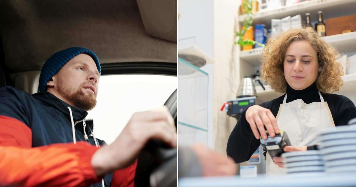 A man driving (L). Cashier swiping card, crying (R) (Representative Cover Image Source: (L) Getty Images | Photo by Norma Mortenson (R) Pexels | Kampus Production)