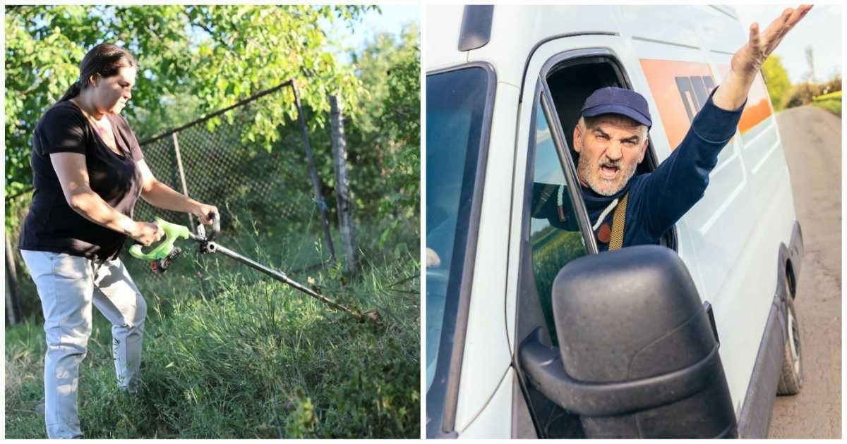 (L) A woman weedwacking her yard ; (R) A truck driver yelling at someone (Representative Cover Image Source: Getty Images | (L) Jovanmandic ; (R) jhnbnk)
