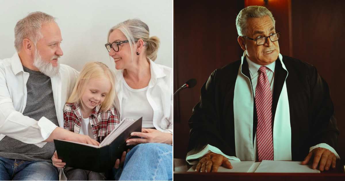 (L) Grandparents with their granddaughter (R) A judge speaking in the court (Representative Cover Source: Pexels | (L) Mikhail Nilov; (R) khezez | خزاز)