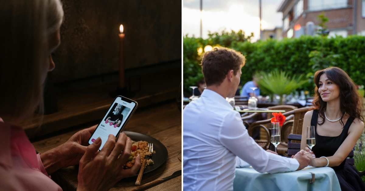(L) A woman browsing through a dating application. (R) Two people on a date. (Representative Cover Image Source: Pexels| L -  cottonbro studio, R - Boris Ivas)