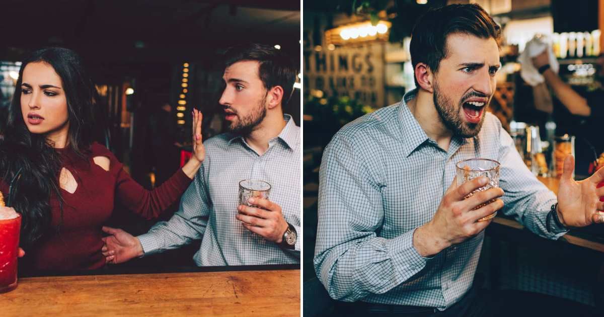 A woman rejecting a man in a bar (L). A man angrily shouting at a bar (L) (Representative Cover Image Source: Getty Images | Photo by Estradaanton and Stanislav Smoliakov)