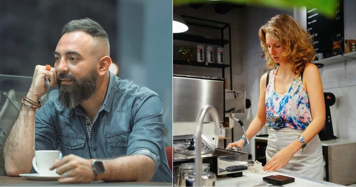 (L) Man looks intently while having coffee. (R) The barista looks worried while working. (Representative Cover Image Source: Pexels| L - FIRAS AMMAR, R - Daksha Kllmov)