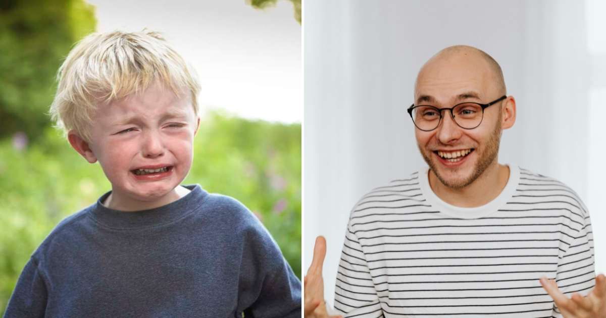 A little boy crying (L). A man smiling, looking surprised (R) (Representative Cover Image Source: Getty Images | Photo by Laurie Rubin and kaboompics)