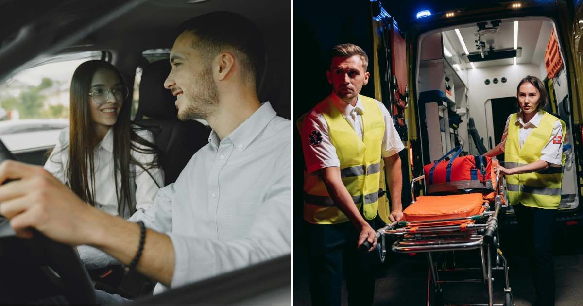 (L) A couple talking in a car (R) Health care officials bringing stretcher at the location (Representative Cover Source: Pexels | (L) Gustavo Fring; (R) Mikhail Nilov)