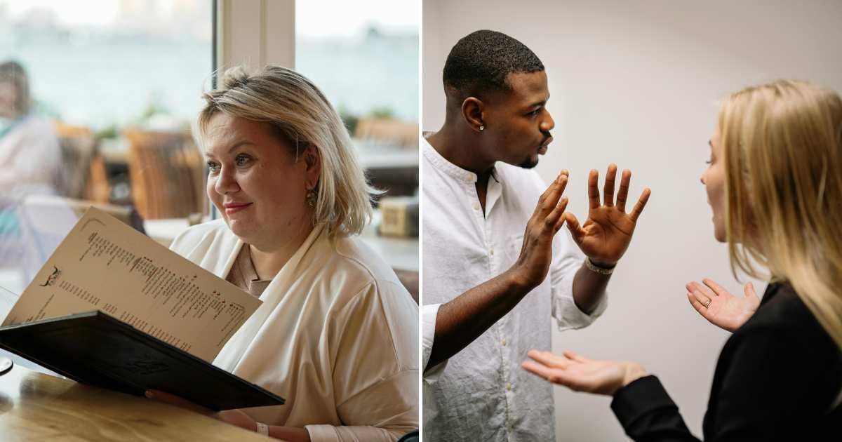 (L) A woman grinning while checking a menu. (R) A couple arguing. (Representative Cover Image Source: Pexels | L - Mohamed Olwy, R- Yan Krukau)