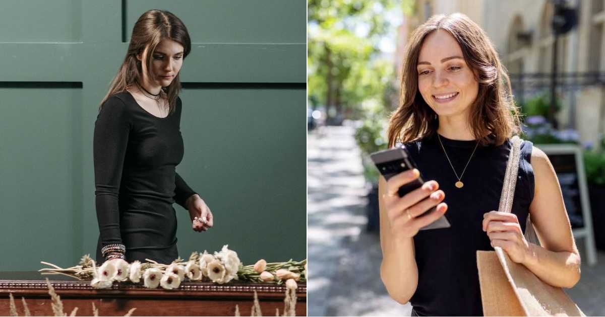 (L) Woman grieving loss of loved one at funeral. (R) A woman chuckles as she looks at her phone. (Representative Cover Image Source: L - Pexels| Pavel Danilyuk, R - Getty Images| Luis Alvarez)