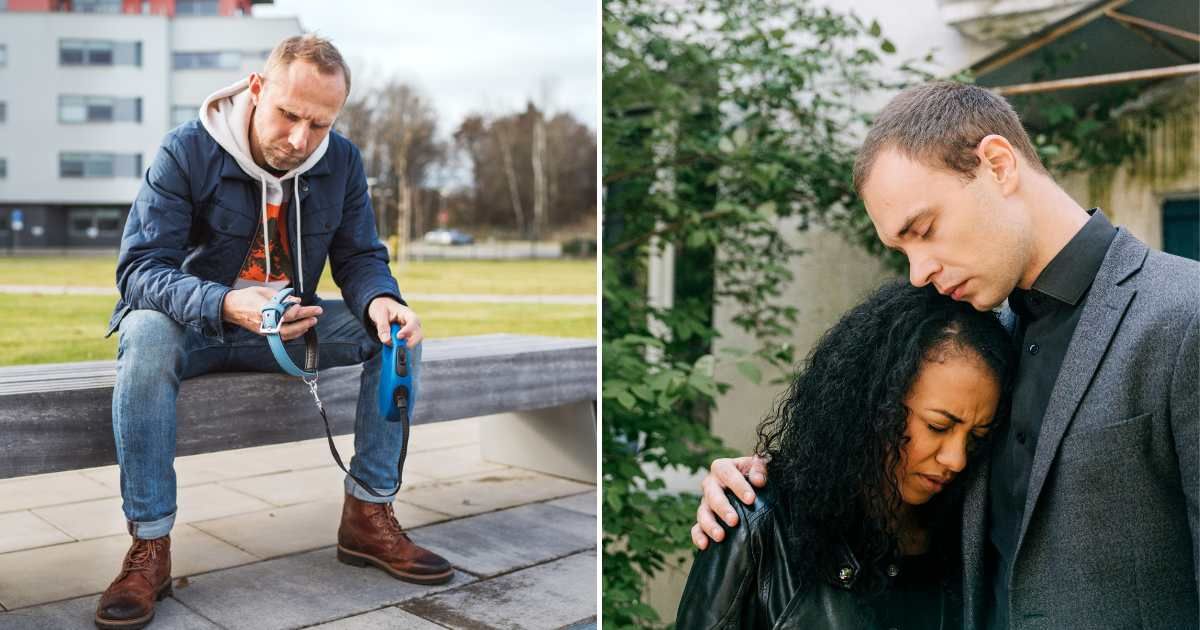 A man holding an empty dog leash (L). A man and a woman hugging and crying (R) (Representative Cover Image Source: Getty and Pexel Images | Photo by Solovyova and Ivan S)
