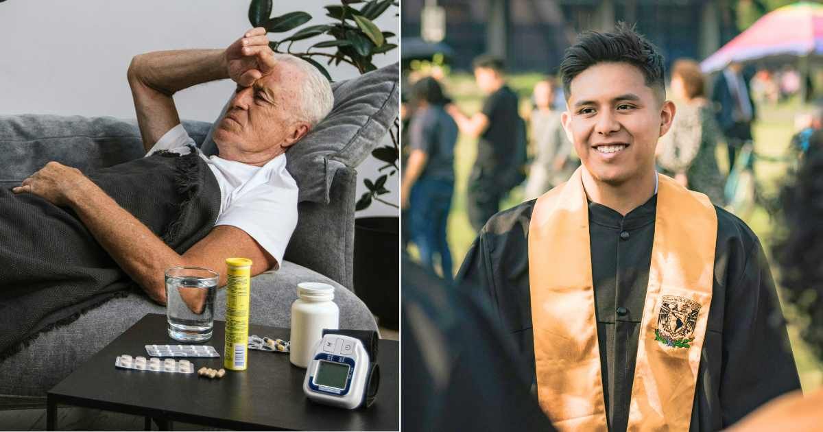(L) Elderly man feeling sick, taking medication. (R) Young man at graduation, in a robe. (Representative Cover Source: Pexels | L - SHVETS Production, R -  Ulises Peña)