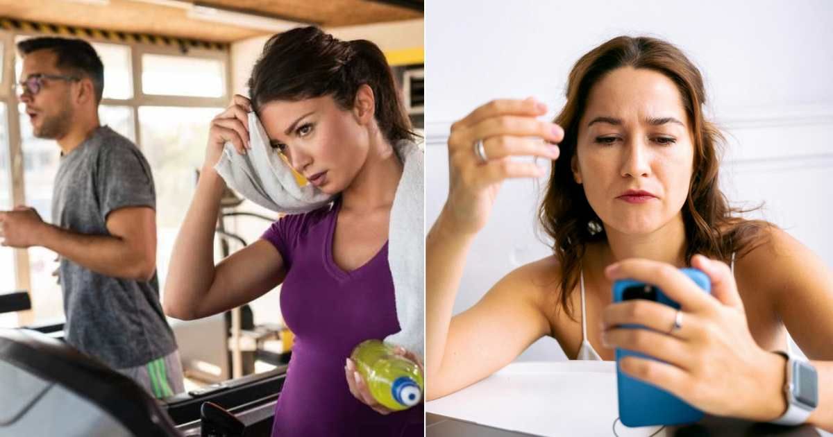 (L) A man and a woman at a gym, not talking. (R) A woman is visibly upset while looking at her phone. (Representative Cover Image Source: L - Getty Images | EmirMemedovski, R - Pexels| Anna Tarazevich)