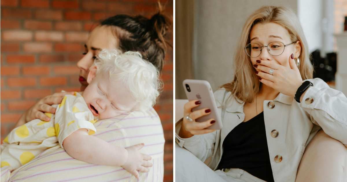 (L) Baby crying. (R) Woman stunned looking at phone. (Representative Cover Image Source: Pexels | (L) www.kaboompics.com, (R) Polina Zimmerman)