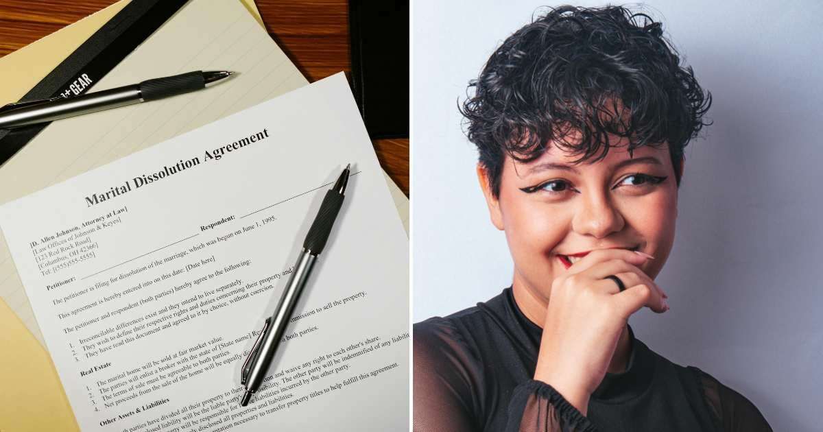  A close-up of a divorce paper (L). Woman laughing (R) (Representative Cover Image Source: Pexels | RDNE Stock project and  Eric Moura)