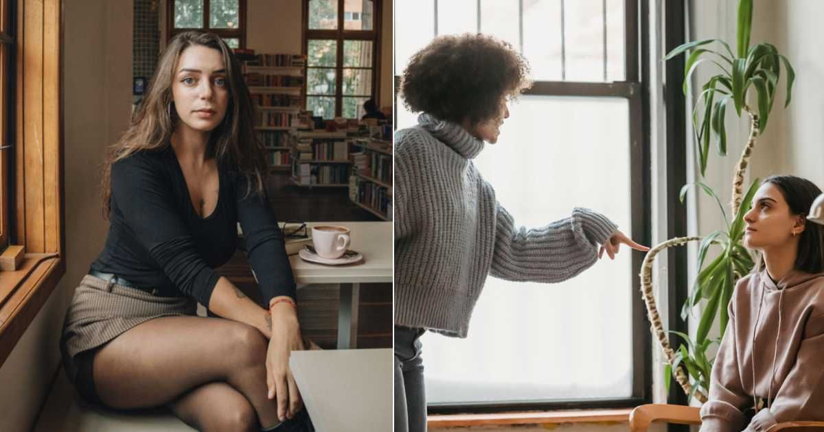 A woman sitting at a cafe (L). Two women arguing (R) (Representative Cover Image Source: Pexel Images | Photo by Mayara Caroline Mombelli and  Liza Summer)