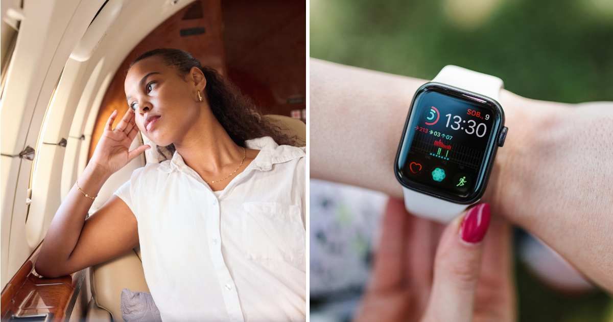 (L) Woman sitting in a plane, holding head. (R) Woman checking her health status on an Apple Watch. (Representative Cover Image Source: (L) Getty Images| nattrass, (R) Pexels| www.kaboompics.com)