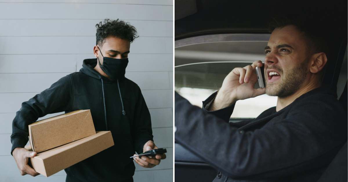 A courier person with packages (L). A man angrily talking to someone over the phone (R) (Representative Cover Image Source: Pexel Images | Photo by Ivan S and Vitaly Gariev)