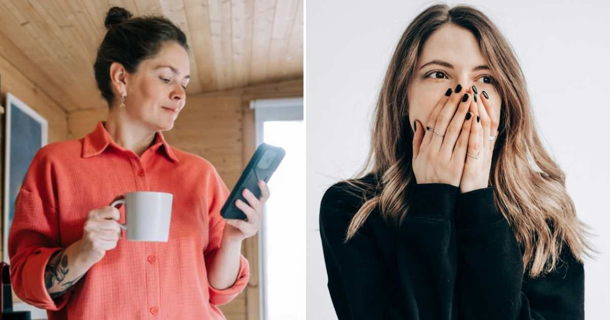  A woman looking at a phone and smiling (L). A woman looking surprised (R)(Representative Cover Image Source: Getty and Pexel Images | Photo by Olga Pankova and Alin Luna)