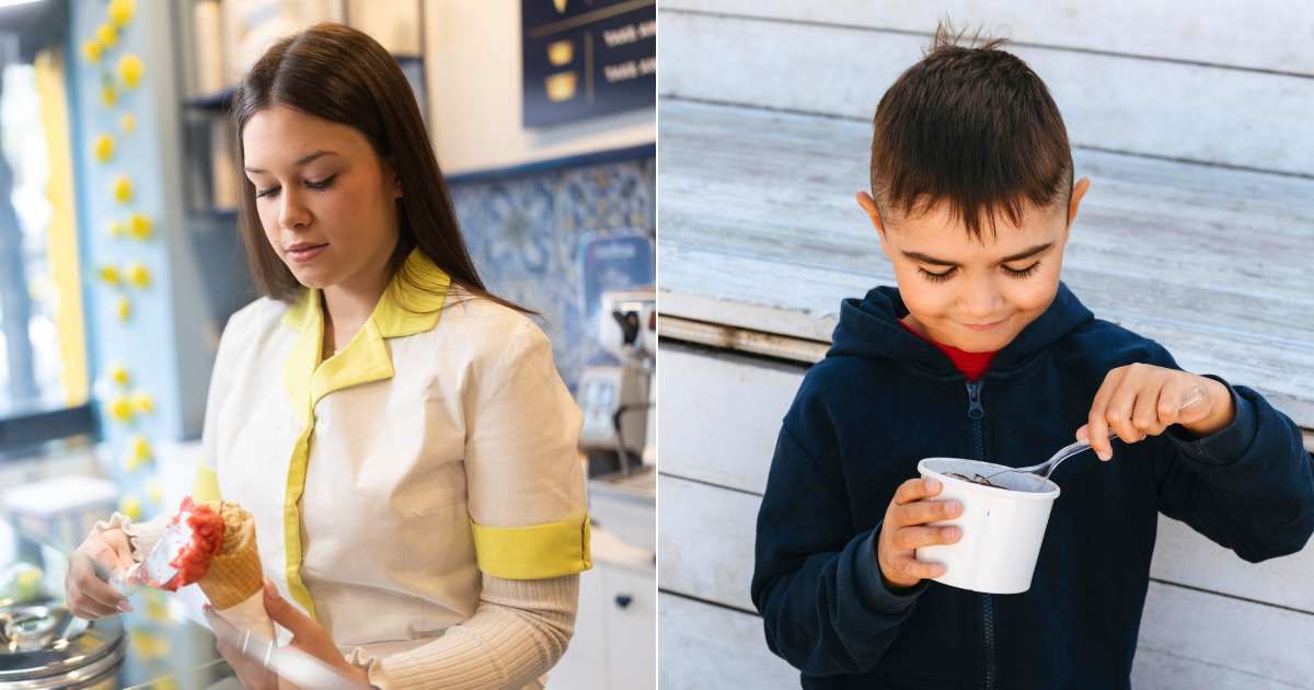(L) Woman preparing ice cream scoop at truck. (R) Little boy enjoying ice cream. (Representative Cover Image Source: L - Getty Images| free mixer, R - Pexels| Alina Matveycheva)