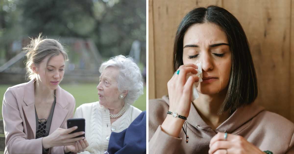 (L) Woman teaching old woman how to use phone. (R) Woman crying. (Representative Cover Image Source: Pexels | (L) Andrea Piacquadio, (R) Liza Summer)