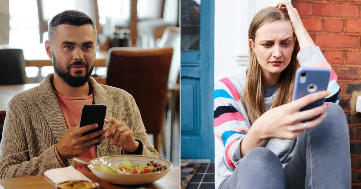 (L) Man looking at phone and looking confused and disappointed in the restaurant. (R) Woman shocked and confused. (Representative Cover Image Source: Pexels| L - Jep Gambardella, R - Vodafone x Rankin)