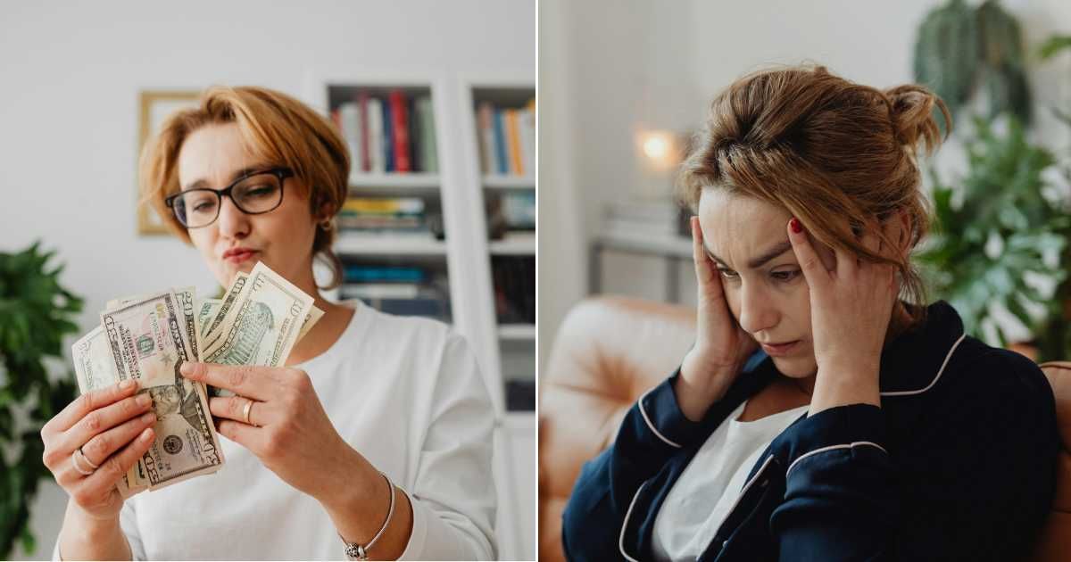 (L) A woman counting money in cash (R) A woman looking stressed (Representative Cover Source: Pexels | www.kaboompics.com)