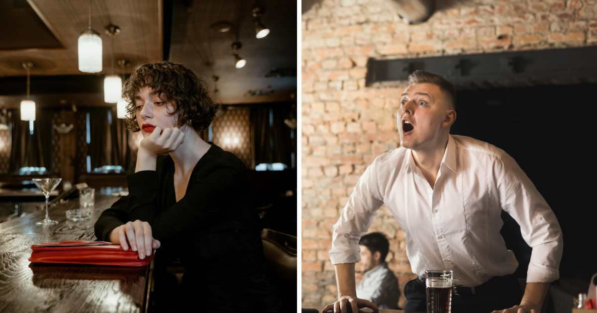 (L) Sad woman sitting alone at bar. (R) Bartender making announcement. (Representative Cover Image Source: L - Pexels| MART PRODUCTION, R - Getty Images  Prostock Studio)