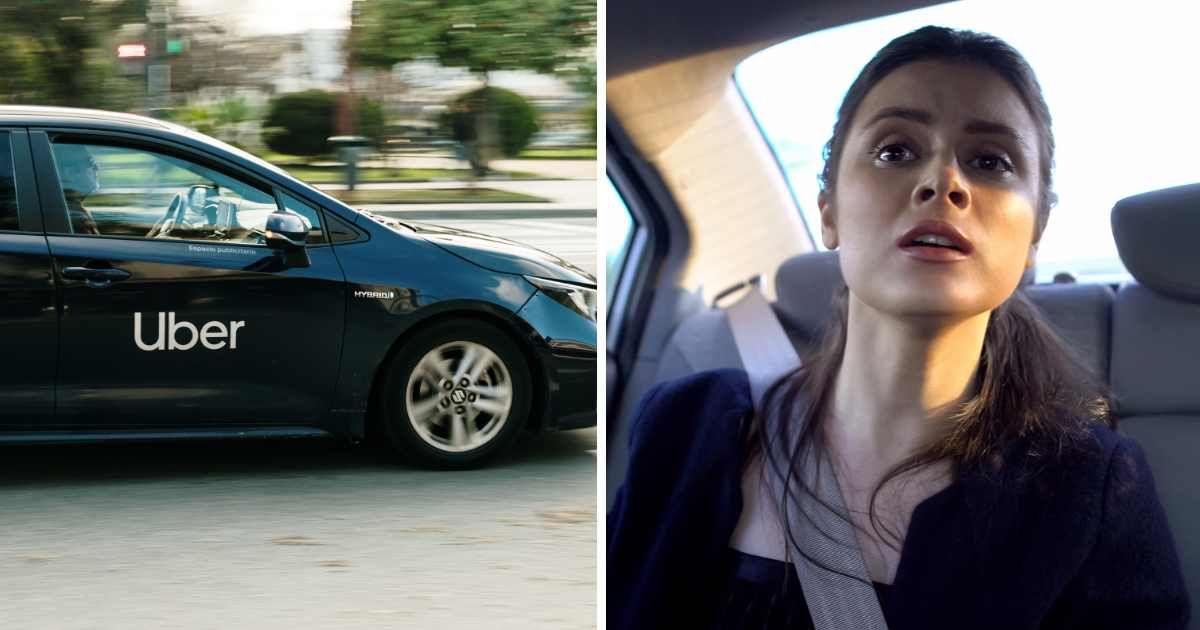 (L) Uber cab. (R) Stressed woman in cab. (Representative Cover Image Source: Getty Images | (L) Mario Guti, (R) Motorion)