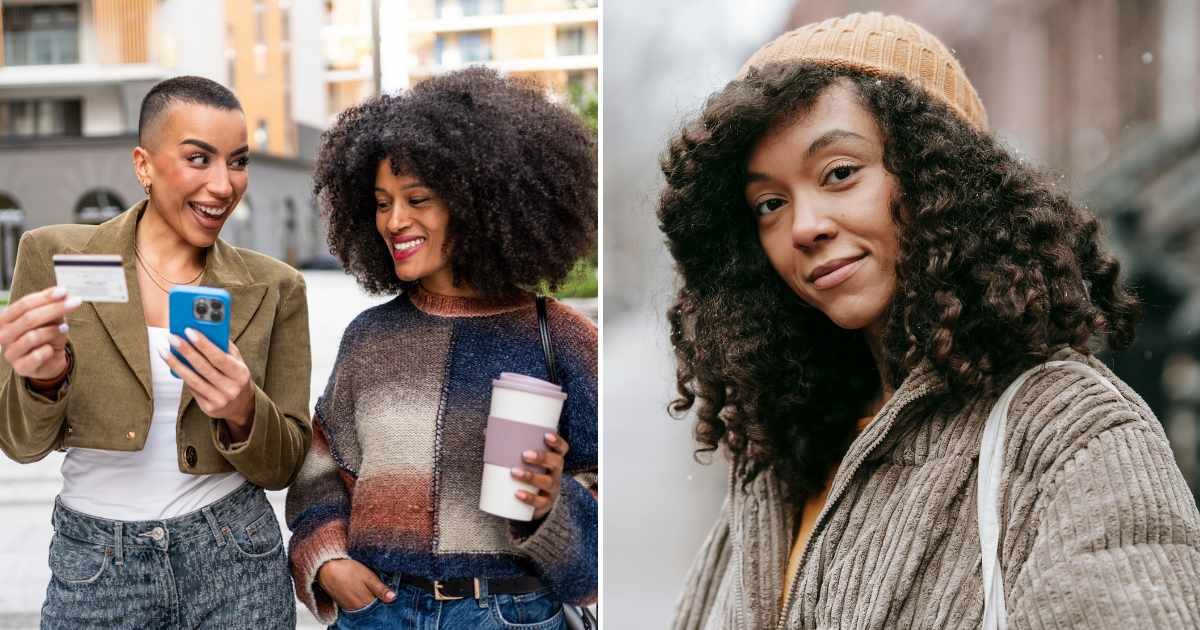 (L) Two women laughing, holding a credit card. (R) A woman smirking. (Representative Cover Image Source: L - Getty Images | LordHenriVoton, R - Pexels| Miriam Alonso)