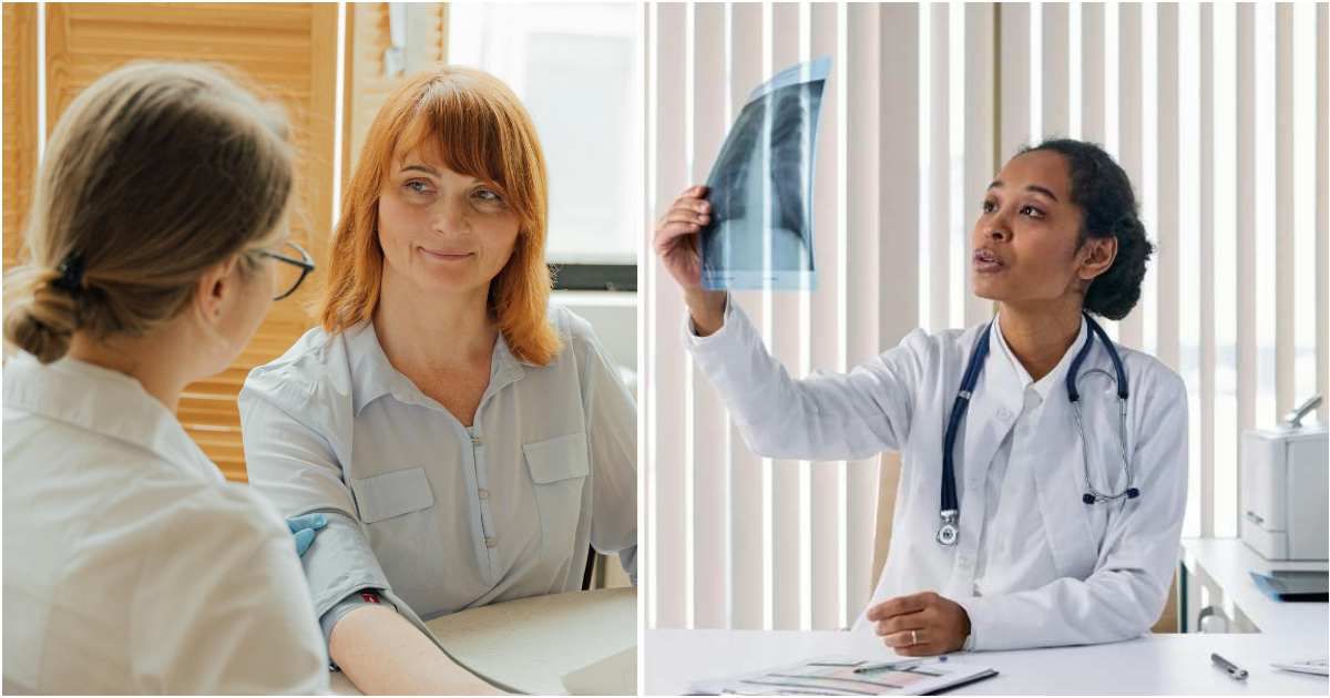(L) A woman talking to a doctor. (R) A doctor examining lungs CT scan (Representative Cover Source: Pexels | (L) Anthony Shkraba Studio; (R) cottonbro studio)