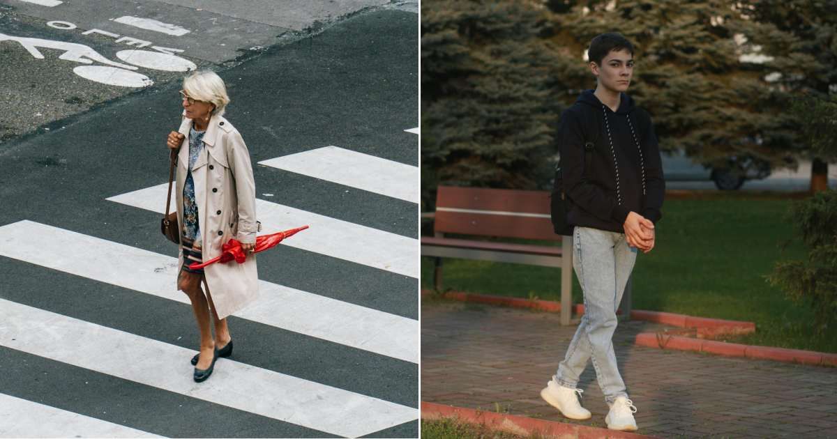 (L) An elderly woman crossing the street (R) A teenaged boy noticing something while walking (Representative Cover Source: Pexels | (L) John Tekeridis; (R) Sarazh Izmailov)