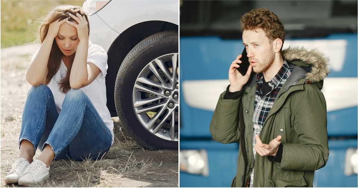 (L) Woman feeling dizzy and sitting near her car. (R) A man speaking seriously on the phone. (Representative Cover Image Source: Pexels| Gustavo Fring)