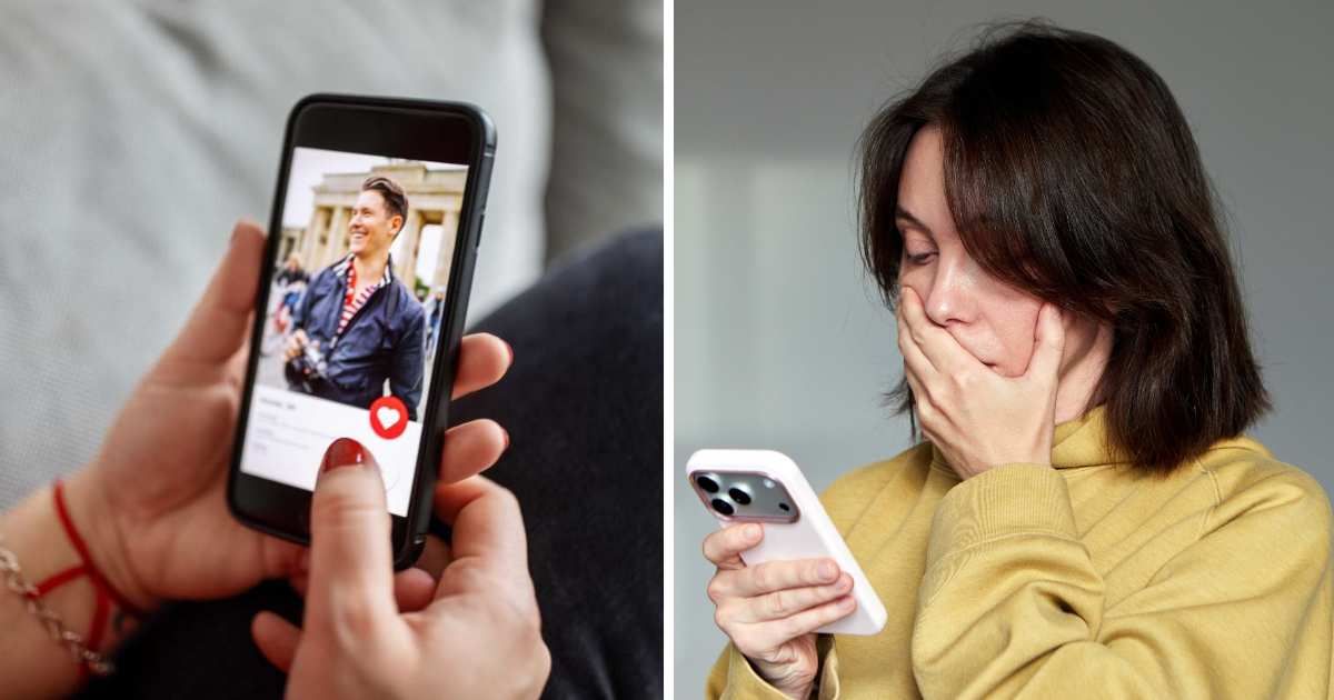 (L) Man profile on dating app. (R) Shocked woman using phone. (Representative Cover Image Source: Getty Images | (L) Luis Alvarez, (R) Ekaterina Demidova)