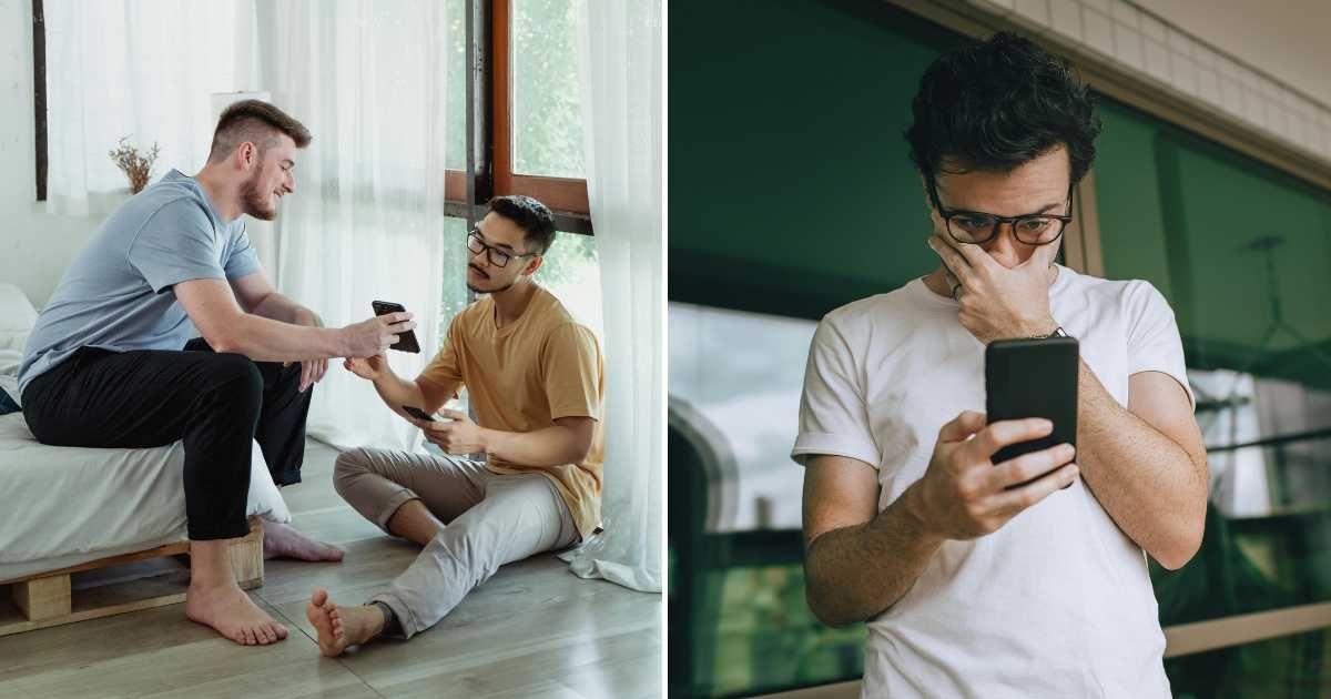 A man showing something on his phone to another friend (L). A man shocked at a text on his phone (R) (Representative Cover Image Source: Getty Images | Photo by Ketut Subiyanto and Helena Lopes)