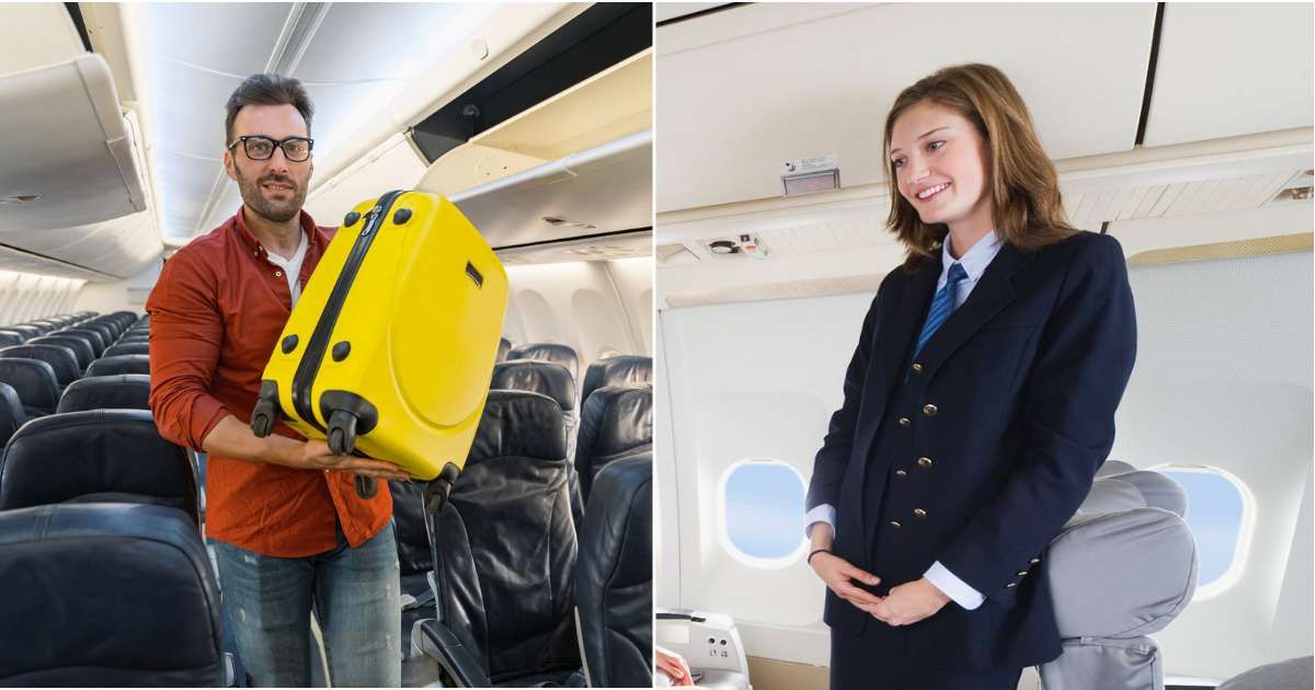 (L) Man putting luggage in the overhead bin. (R) Flight attendant speaking to passengers. (Representative Cover Source: Getty Images | (L) Yaraslov Astakhov; (R) Westend61)