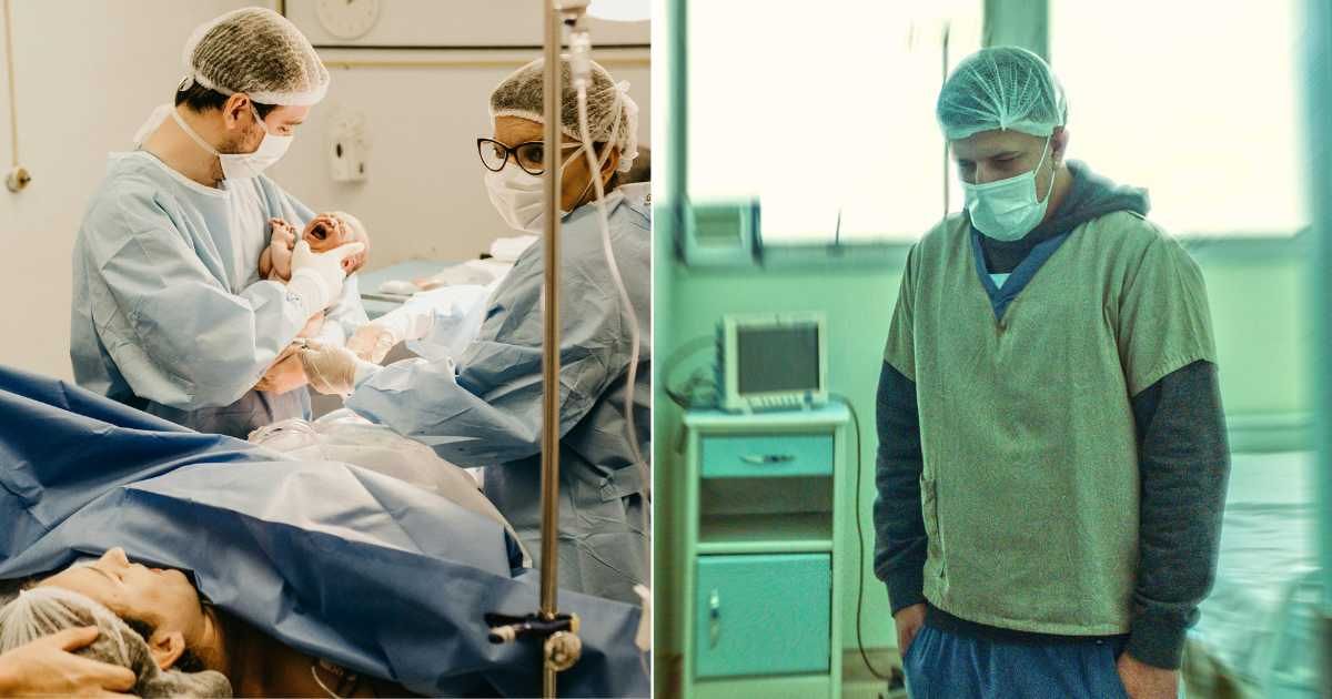 (L) Surgeons holding the newborn after successful delivery.  (R) A man in scrubs looks uneasy in a hospital room. (Representative Cover Source: Pexels | (L) Jonathan Borba; (R) Bruno Curly)