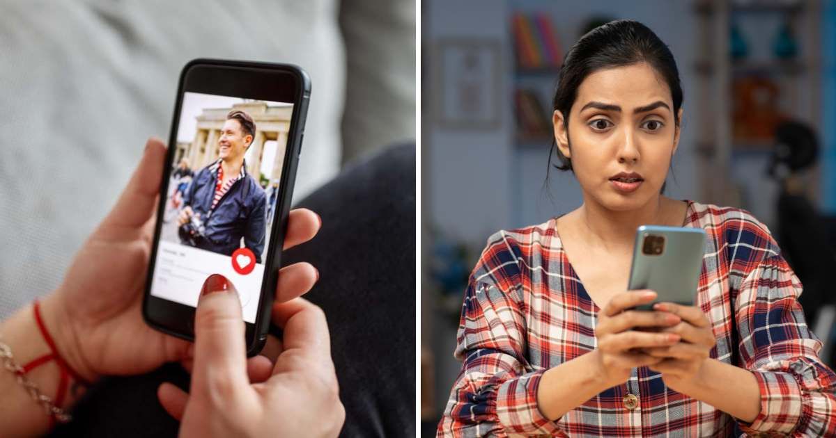 (L) Woman liking a man's profile on a dating app. (R) Woman looks shocked and offended at the phone. (Representative Cover Image Source: Getty Images | (L) Luis Alvarez, (R) Deepak Sethi)