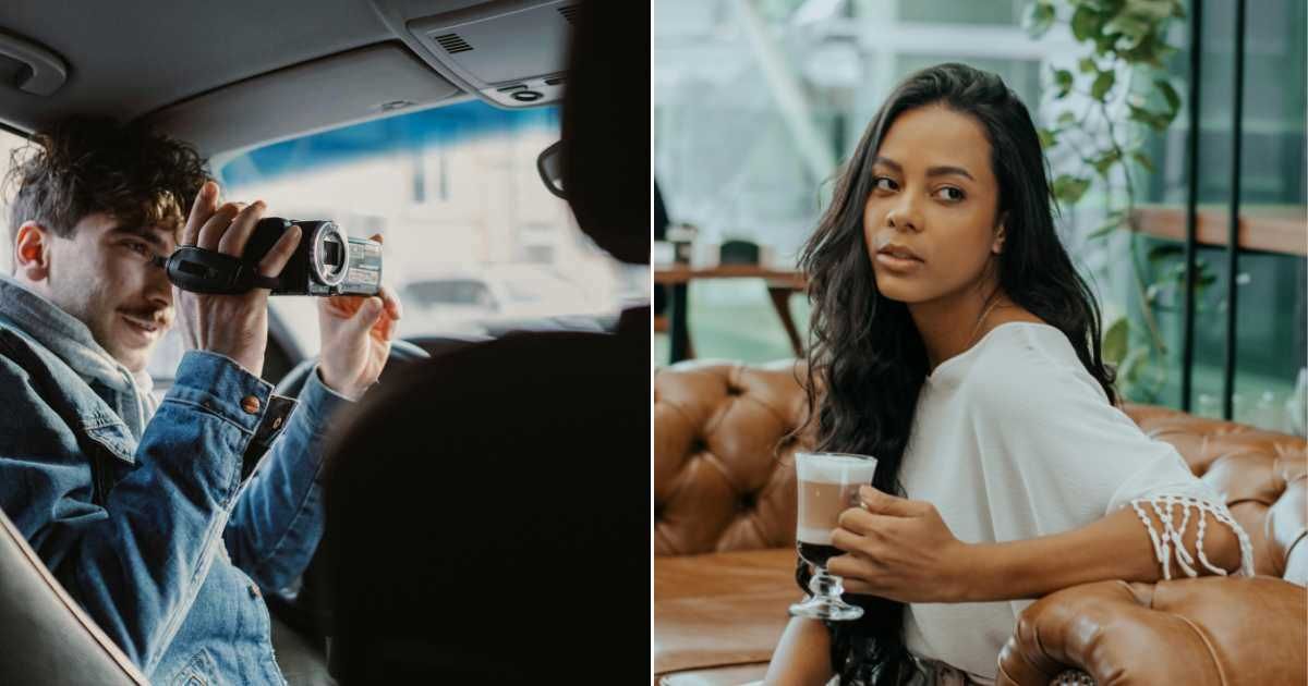  A man recording a video (L). A woman with coffee looking upset (R) (Representative Cover Image Source: Pexels | Photo by cottonbro studio and Layanne Aguiar)