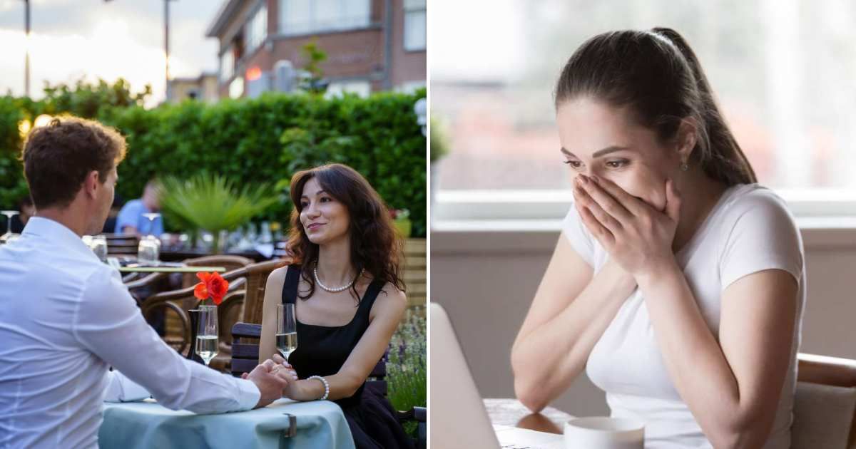 Two people on a date (L). A woman looking shocked and happy (R)(Representative Cover Image Source: Pexel Images | Photo by Boris Ivas and fizke)
