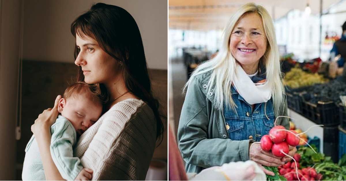 (L ) A young mother looks tired and frustrated with the newborn ; (R) A woman looking at someone at a grocery store (Representative Cover Image Source: L - Pexels| Helena Lopes, R -Getty Images | Halfpoint Images)